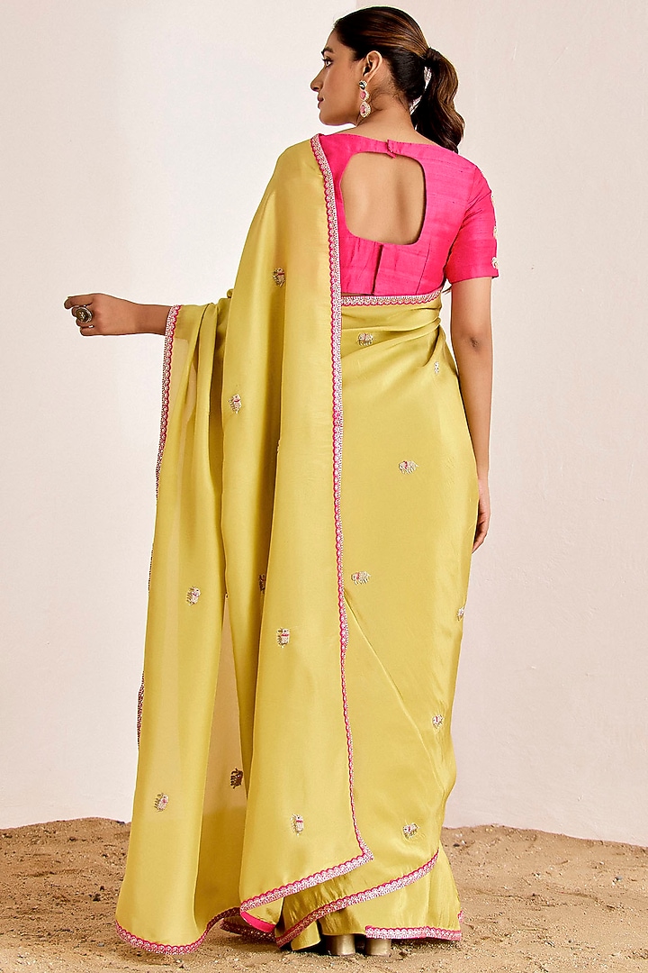 Greenish Yellow Shimmer Georgette Silk Wedding Saree Set by Suruchi Parakh at Pernia's Pop Up Shop