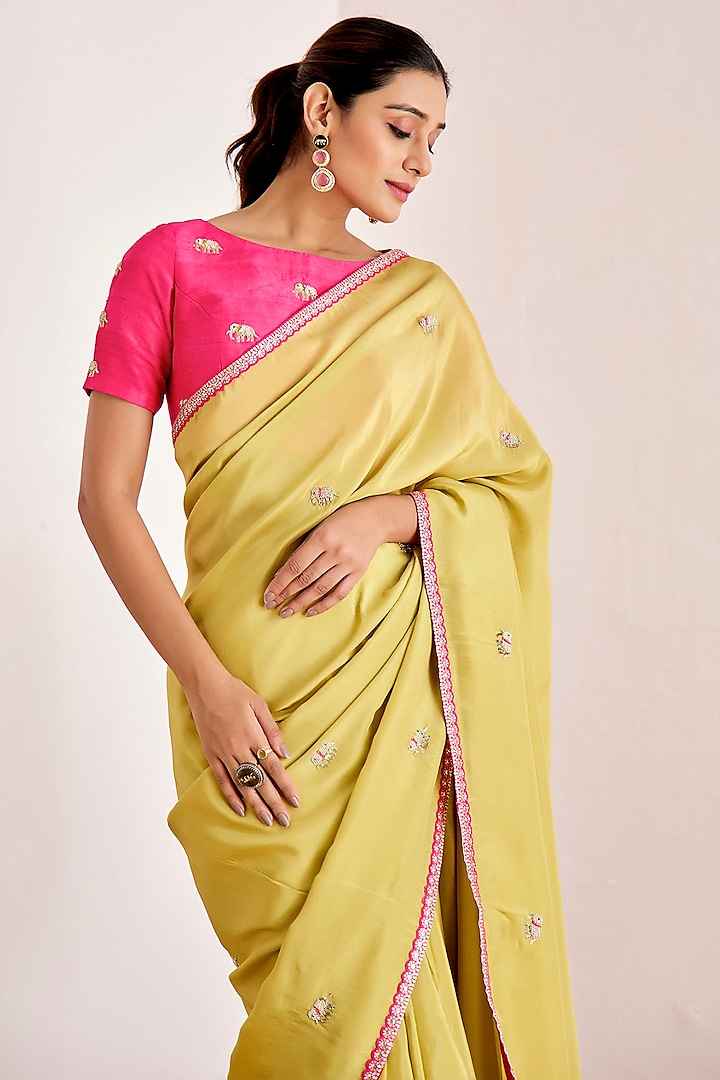 Greenish Yellow Shimmer Georgette Silk Wedding Saree Set by Suruchi Parakh at Pernia's Pop Up Shop