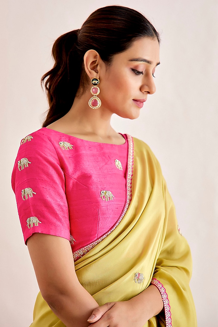 Greenish Yellow Shimmer Georgette Silk Wedding Saree Set by Suruchi Parakh at Pernia's Pop Up Shop