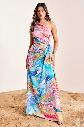 Multi-Colored Satin Silk One-Shoulder Maxi Dress by Suruchi Parakh