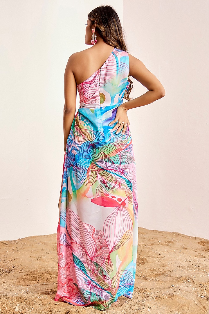 Multi-Colored Satin Silk One-Shoulder Maxi Vacation Dress by Suruchi Parakh at Pernia's Pop Up Shop