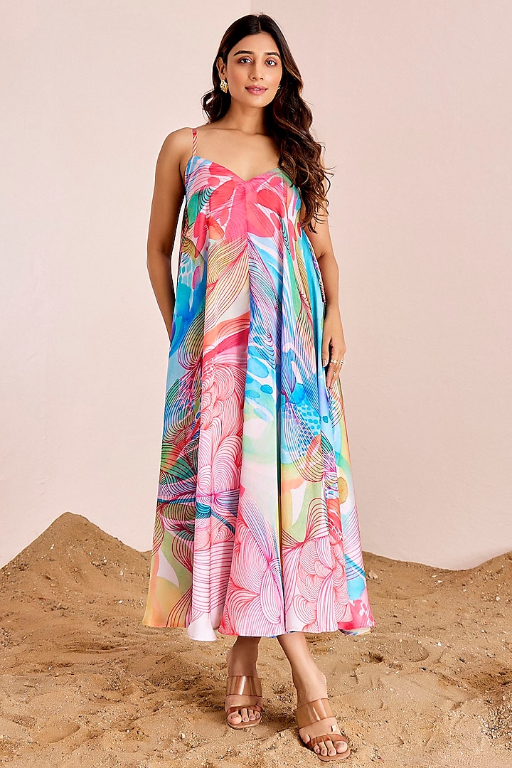 Multi-Colored Satin Silk Midi Dress by Suruchi Parakh at Pernia's Pop Up Shop