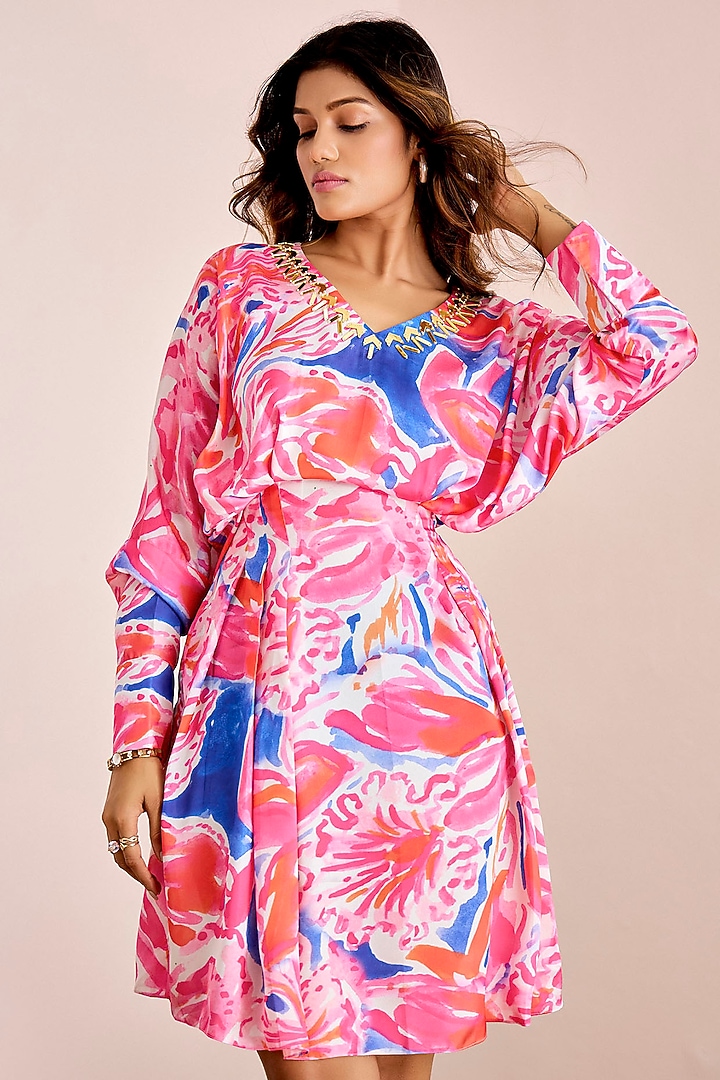 Multi-Colored Satin Silk Embellished Knee-Length Cocktail Dress by Suruchi Parakh at Pernia's Pop Up Shop