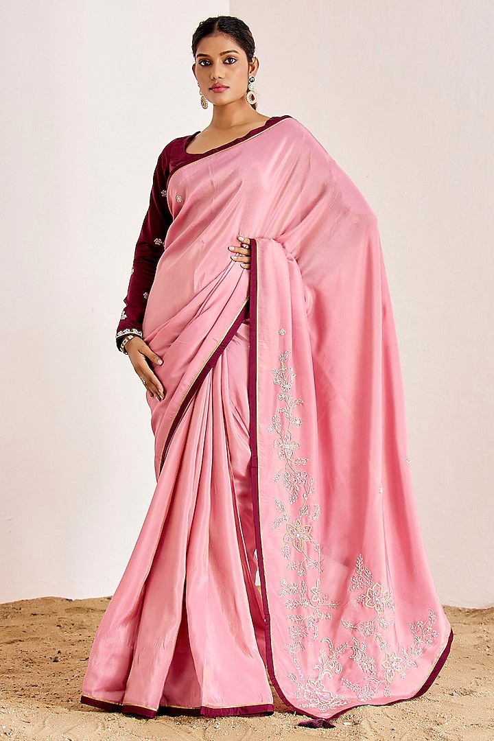 Pink Shimmer Georgette Silk Hand Embroidered Saree Set by Suruchi Parakh at Pernia's Pop Up Shop