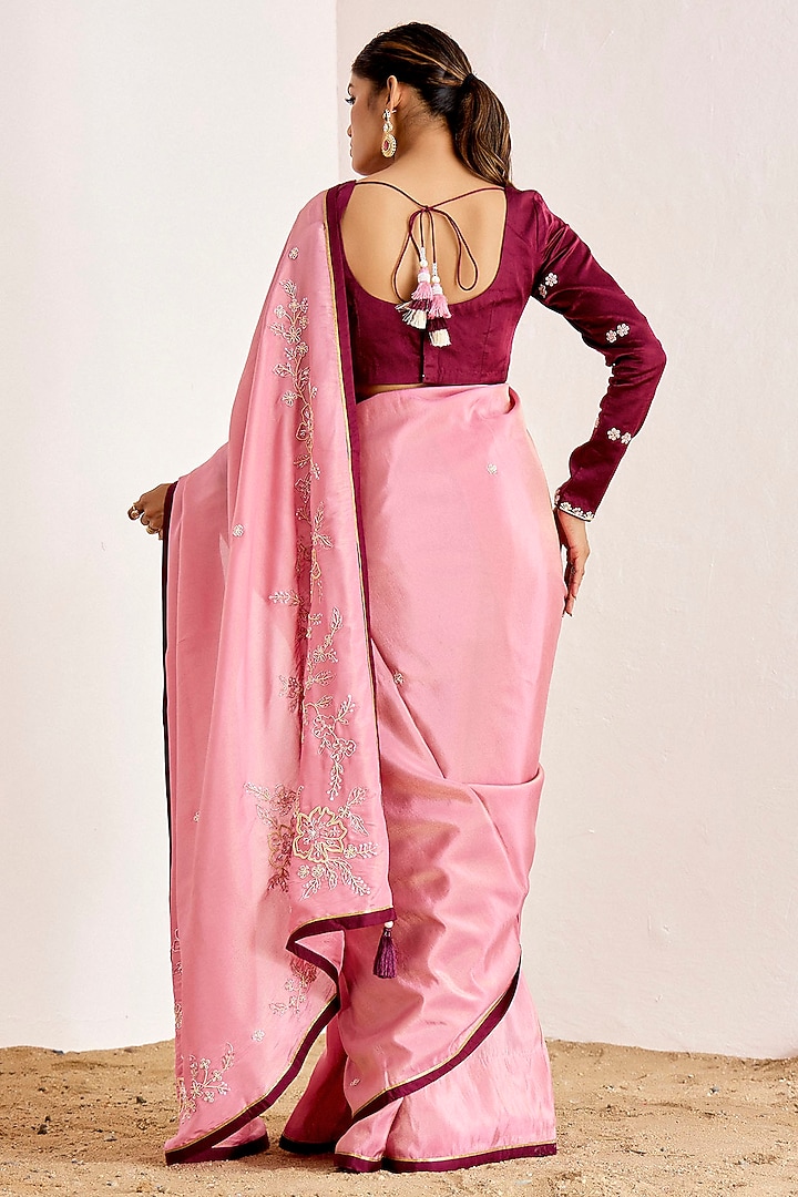 Pink Shimmer Georgette Silk Hand Embroidered Wedding Saree Set by Suruchi Parakh at Pernia's Pop Up Shop