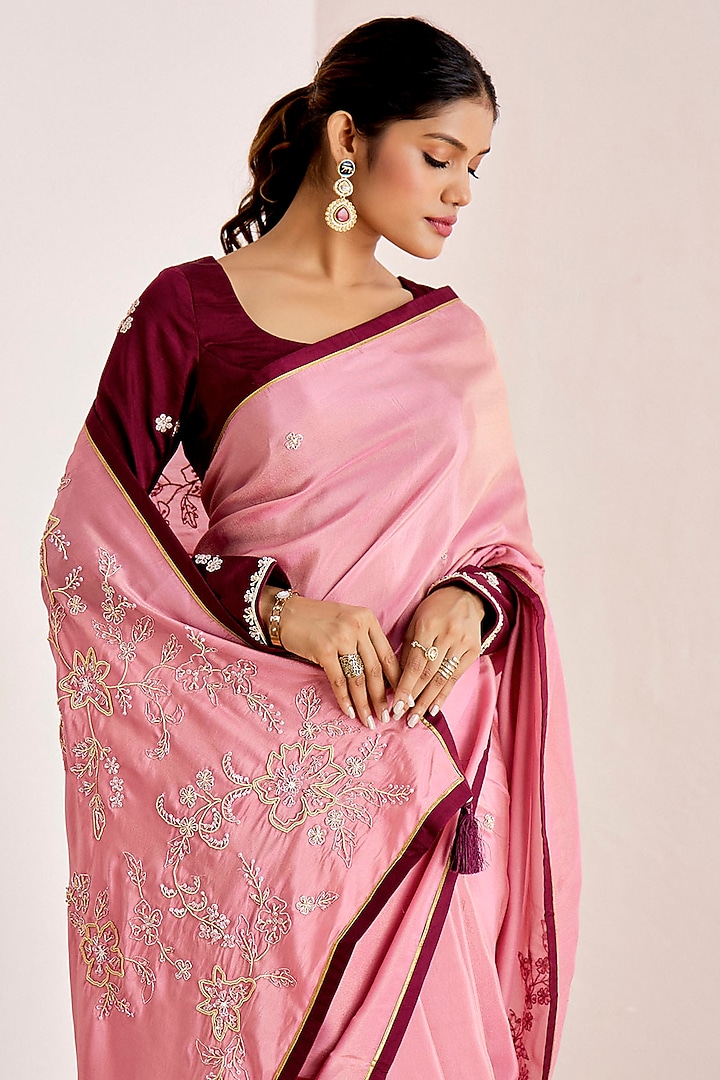 Pink Shimmer Georgette Silk Hand Embroidered Wedding Saree Set by Suruchi Parakh at Pernia's Pop Up Shop