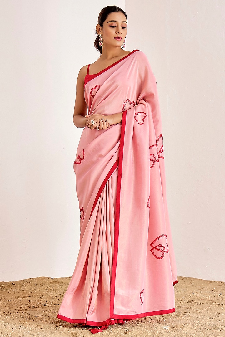 Blush Pink Shimmer Georgette Silk Hand Embroidered Saree Set by Suruchi Parakh at Pernia's Pop Up Shop