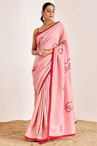Blush Pink Shimmer Georgette Silk Hand Embroidered Saree Set by Suruchi Parakh