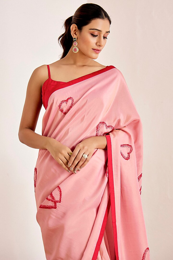 Blush Pink Shimmer Georgette Silk Hand Embroidered Wedding Saree Set by Suruchi Parakh at Pernia's Pop Up Shop