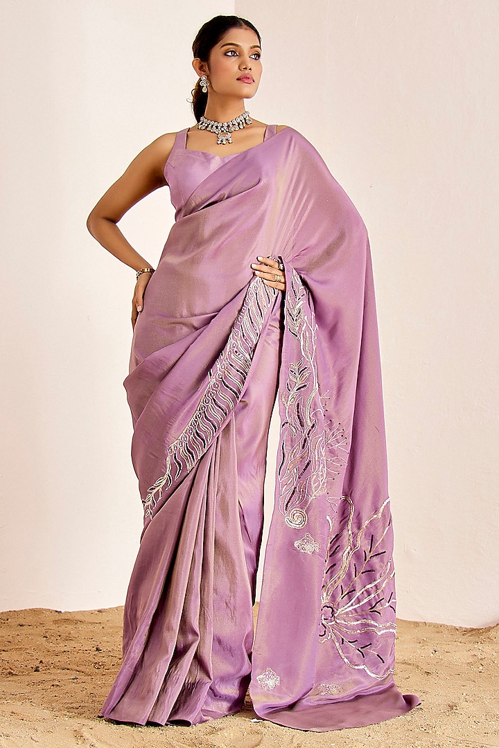 Lavender Shimmer Georgette Silk Hand Embroidered Saree Set by Suruchi Parakh at Pernia's Pop Up Shop