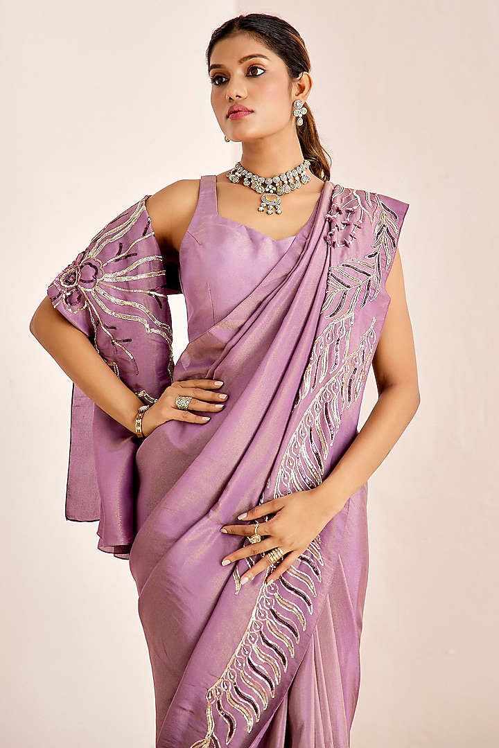 Lavender Shimmer Georgette Silk Hand Embroidered Wedding Saree Set by Suruchi Parakh at Pernia's Pop Up Shop