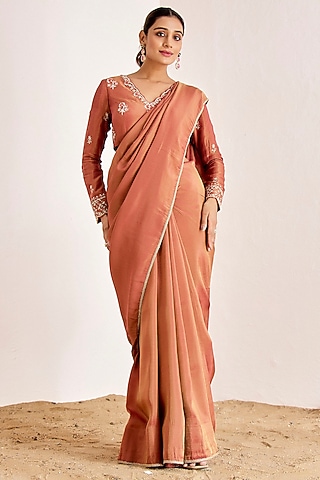 Rusty Orange Shimmer Georgette Silk Hand Embroidered Saree Set by Suruchi Parakh