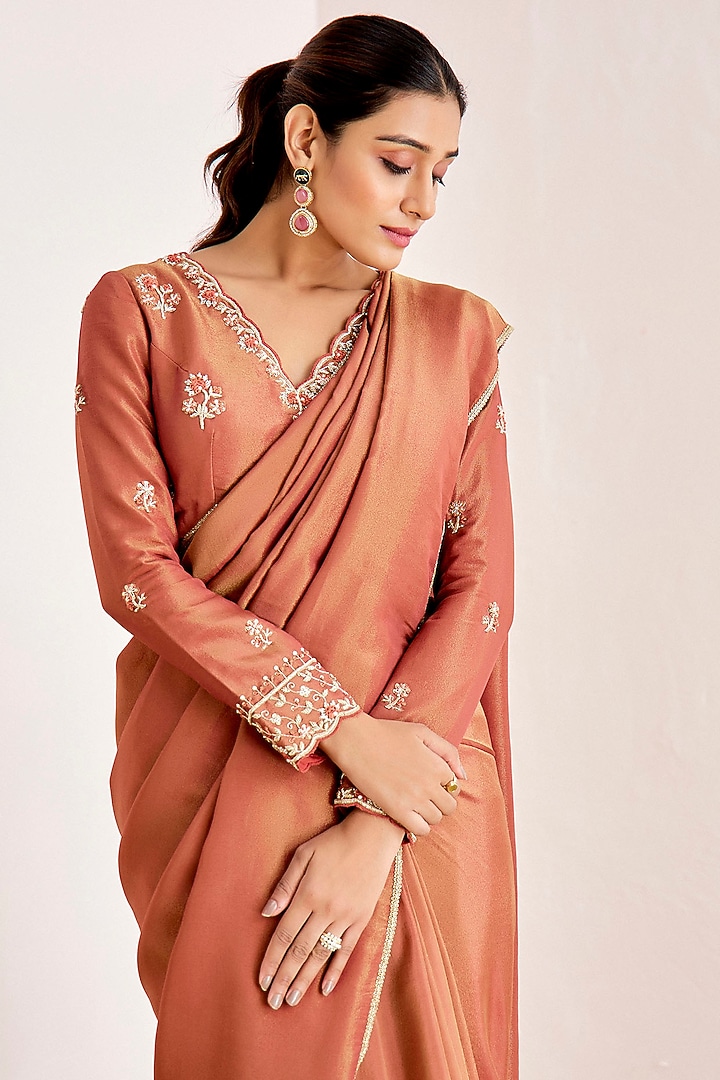 Rusty Orange Shimmer Georgette Silk Hand Embroidered Wedding Saree Set by Suruchi Parakh at Pernia's Pop Up Shop