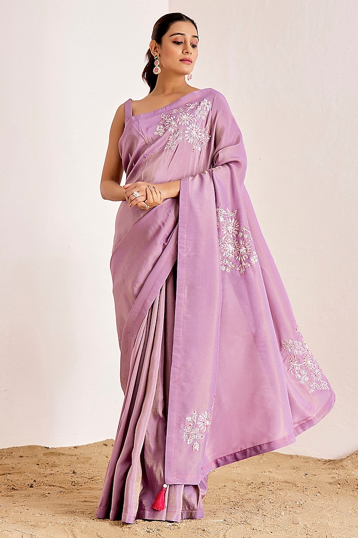 Lavender Shimmer Georgette Silk Pitta Work Saree Set by Suruchi Parakh at Pernia's Pop Up Shop