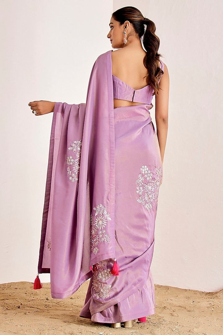 Lavender Shimmer Georgette Silk Pitta Work Wedding Saree Set by Suruchi Parakh at Pernia's Pop Up Shop