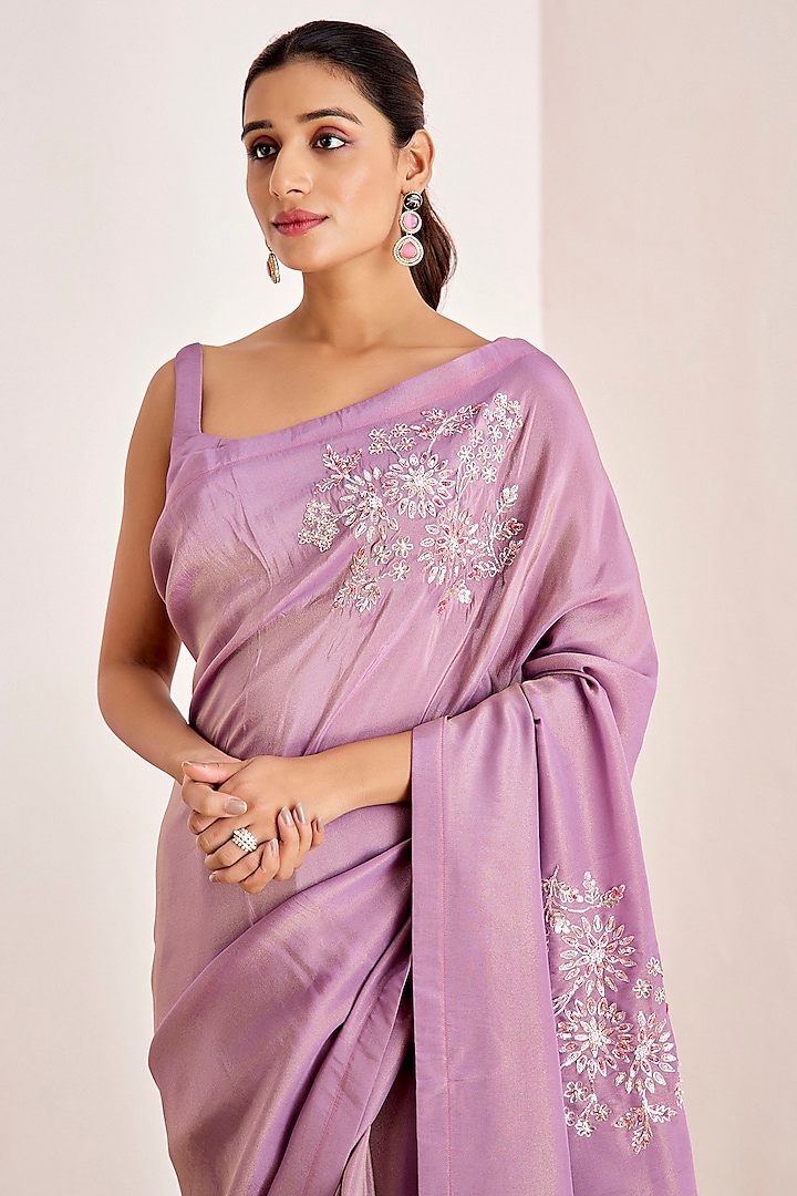 Lavender Shimmer Georgette Silk Pitta Work Wedding Saree Set by Suruchi Parakh at Pernia's Pop Up Shop