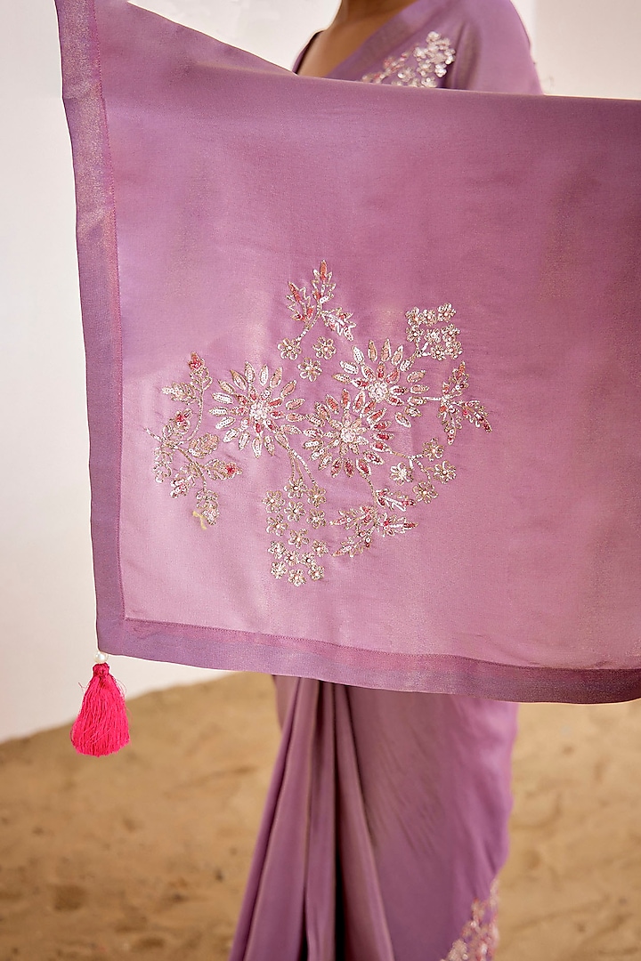 Lavender Shimmer Georgette Silk Pitta Work Wedding Saree Set by Suruchi Parakh at Pernia's Pop Up Shop