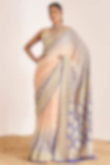 Bluish-Purple & Peach Banarasi Bandhani Saree Set by Suruchi Parakh at Pernia's Pop Up Shop