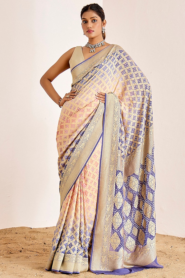 Bluish-Purple & Peach Banarasi Bandhani Saree Set by Suruchi Parakh at Pernia's Pop Up Shop