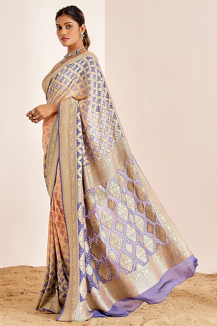 Bluish-Purple & Peach Banarasi Bandhani Party Wear Saree Set by Suruchi Parakh at Pernia's Pop Up Shop