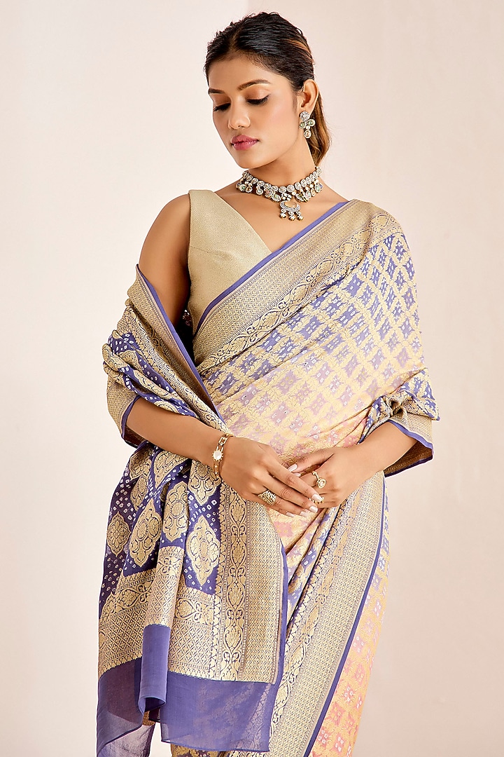 Bluish-Purple & Peach Banarasi Bandhani Party Wear Saree Set by Suruchi Parakh at Pernia's Pop Up Shop
