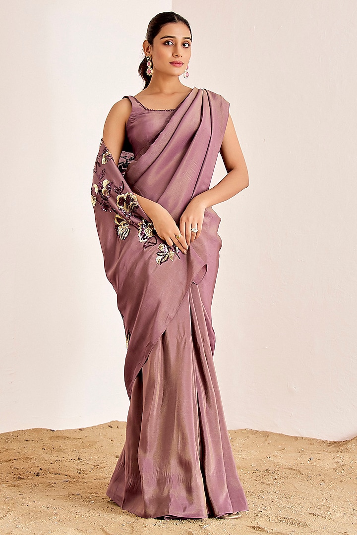 Dark Dusty Violet Shimmer Georgette Silk Saree Set by Suruchi Parakh at Pernia's Pop Up Shop