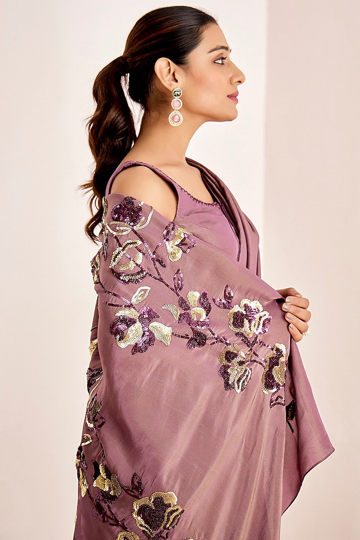 Dark Dusty Violet Shimmer Georgette Silk Wedding Saree Set by Suruchi Parakh at Pernia's Pop Up Shop