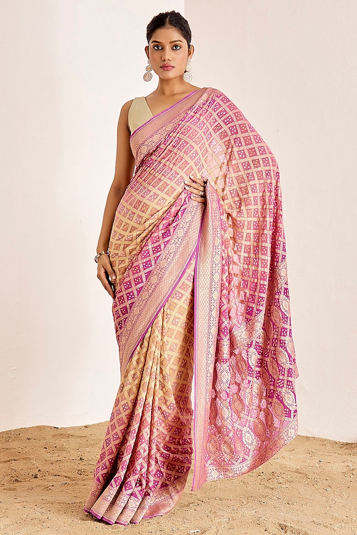 Mauve & Beige Banarasi Bandhani Saree Set by Suruchi Parakh at Pernia's Pop Up Shop