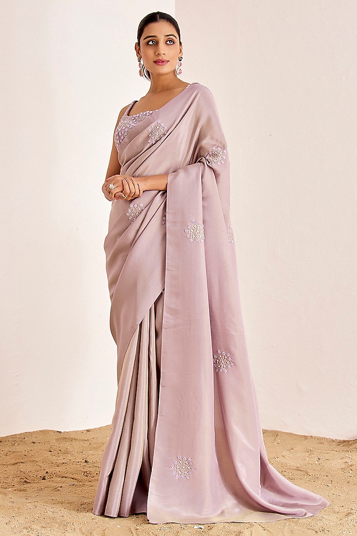 Lilac Shimmer Georgette Silk Hand Embroidered Saree Set by Suruchi Parakh at Pernia's Pop Up Shop