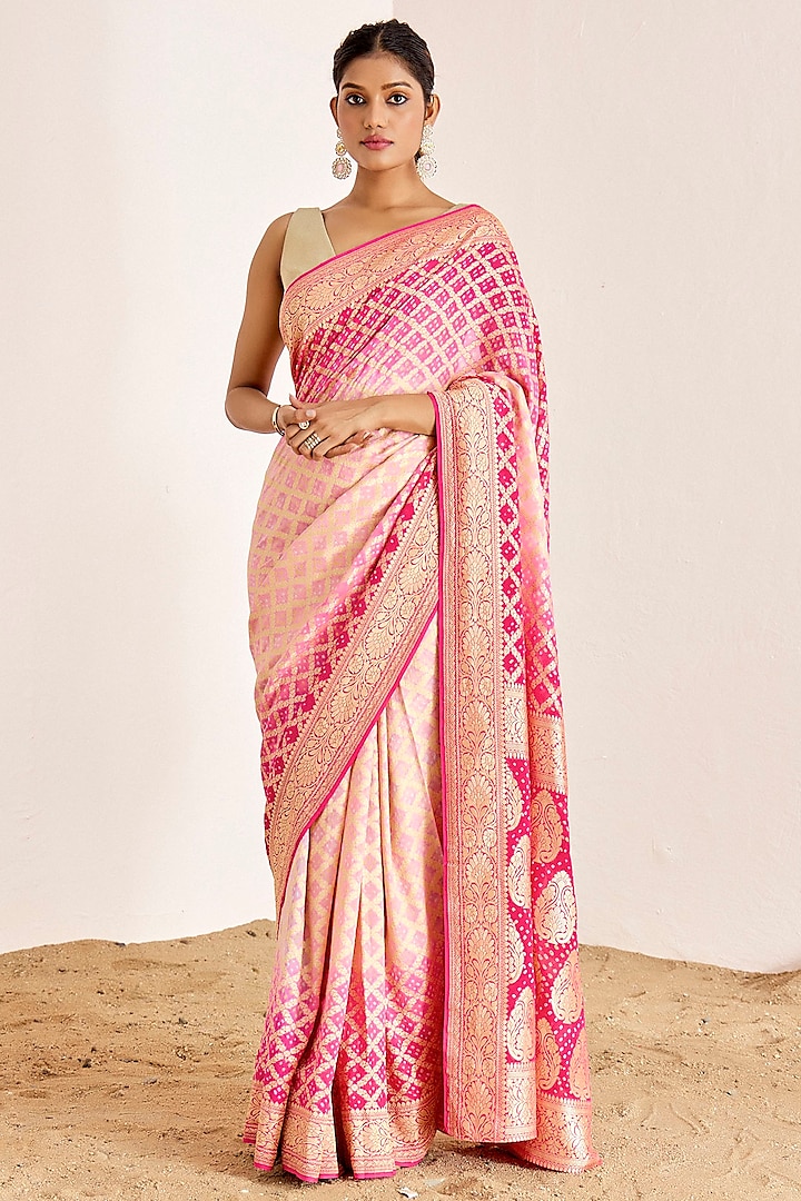 Pink Ombre Banarasi Bandhani Saree Set by Suruchi Parakh at Pernia's Pop Up Shop