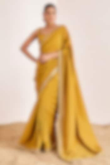 Dark Mustard Yellow Shimmer Georgette Silk Mirror Embroidered Saree Set by Suruchi Parakh at Pernia's Pop Up Shop