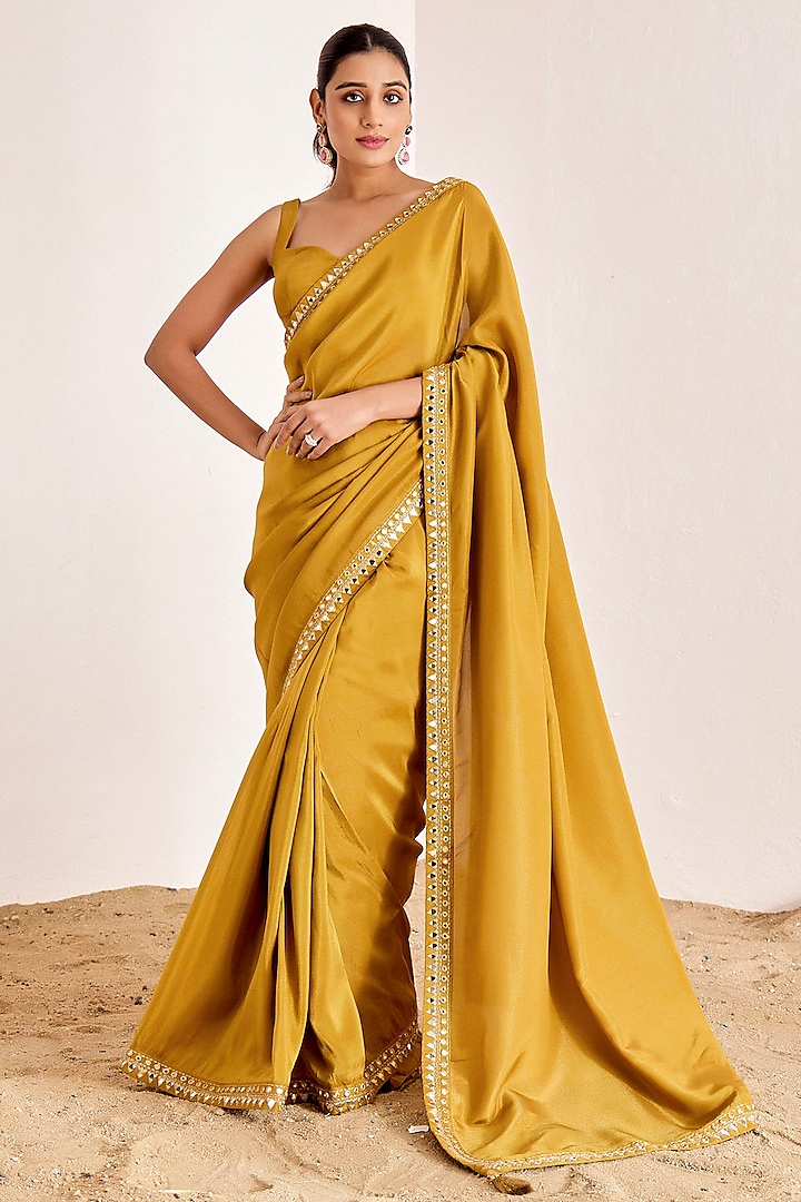 Dark Mustard Yellow Shimmer Georgette Silk Mirror Embroidered Saree Set by Suruchi Parakh at Pernia's Pop Up Shop