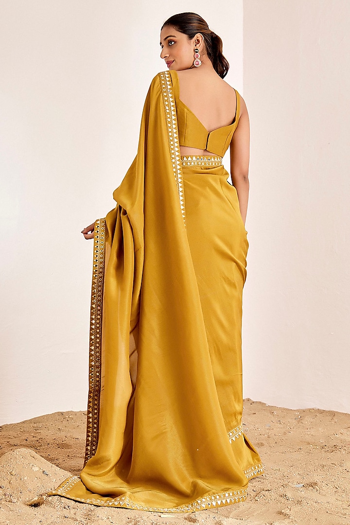 Dark Mustard Yellow Shimmer Georgette Silk Mirror Embroidered Wedding Saree Set by Suruchi Parakh at Pernia's Pop Up Shop