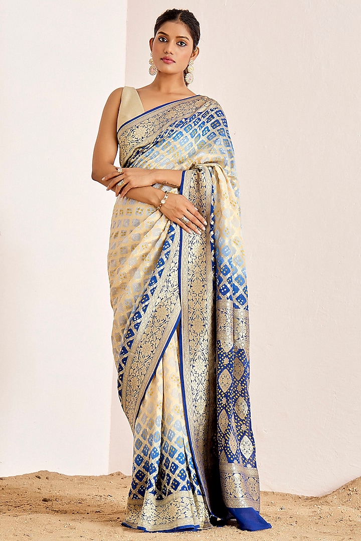 Cream & Blue Banarasi Bandhani Saree Set by Suruchi Parakh at Pernia's Pop Up Shop