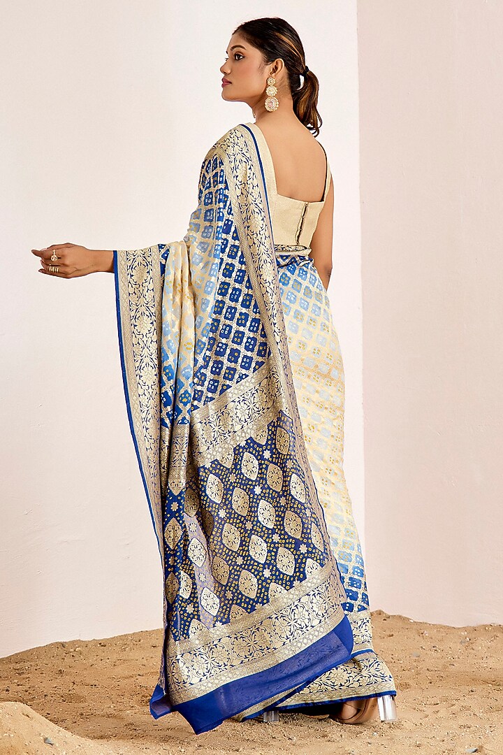 Cream & Blue Banarasi Bandhani Party Wear Saree Set by Suruchi Parakh at Pernia's Pop Up Shop