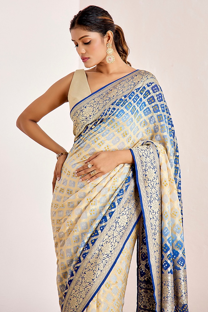 Cream & Blue Banarasi Bandhani Party Wear Saree Set by Suruchi Parakh at Pernia's Pop Up Shop
