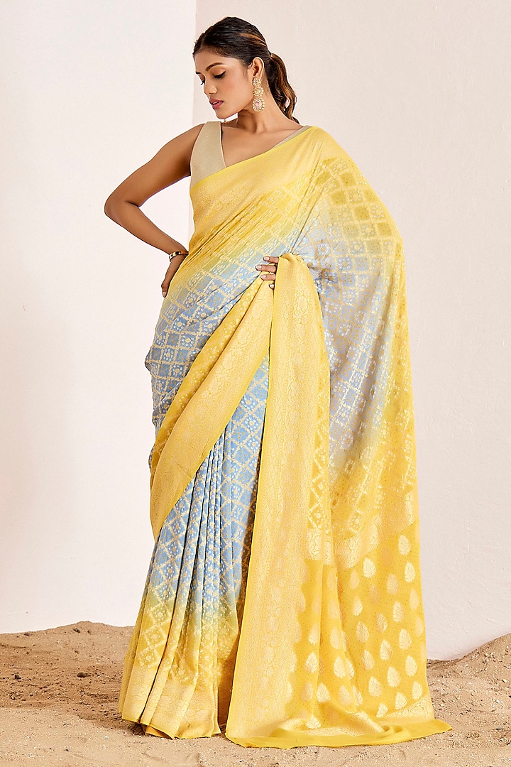 Bright Yellow & Blue Banarasi Bandhani Saree Set by Suruchi Parakh at Pernia's Pop Up Shop