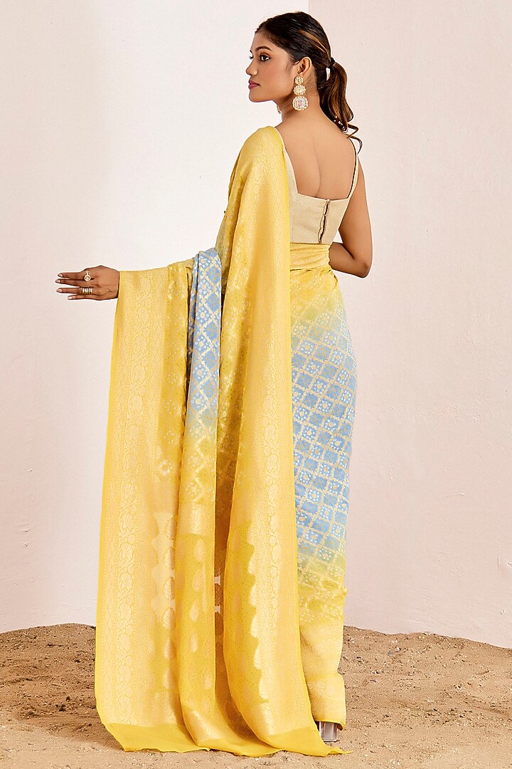 Bright Yellow & Blue Banarasi Bandhani Party Wear Saree Set by Suruchi Parakh at Pernia's Pop Up Shop