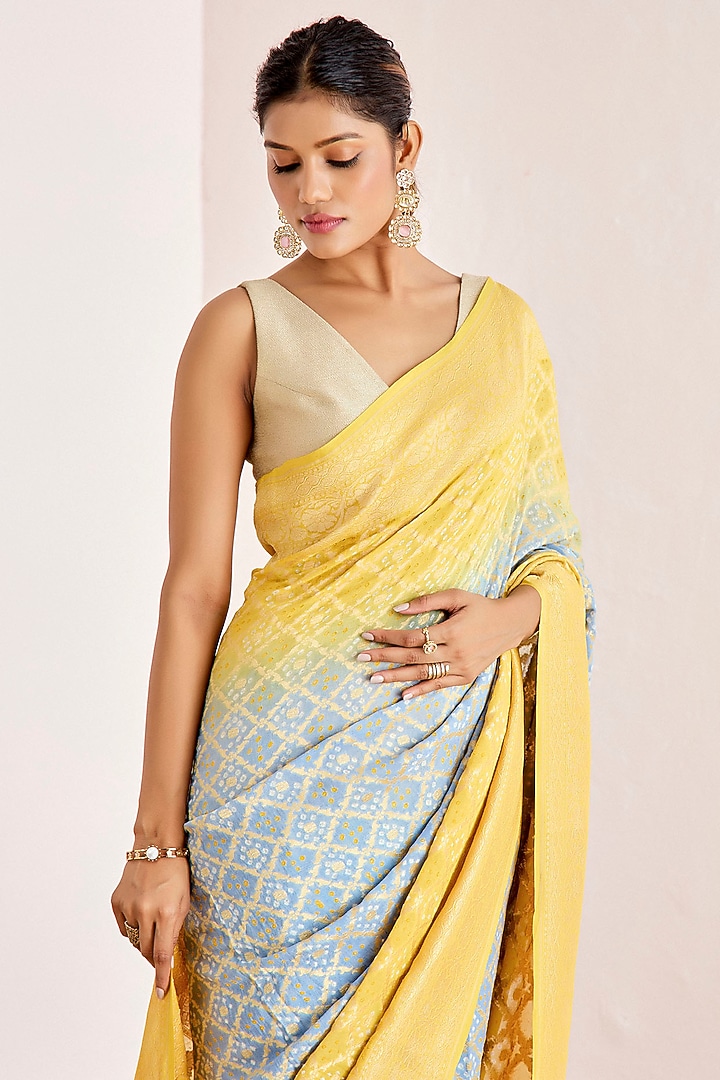 Bright Yellow & Blue Banarasi Bandhani Party Wear Saree Set by Suruchi Parakh at Pernia's Pop Up Shop
