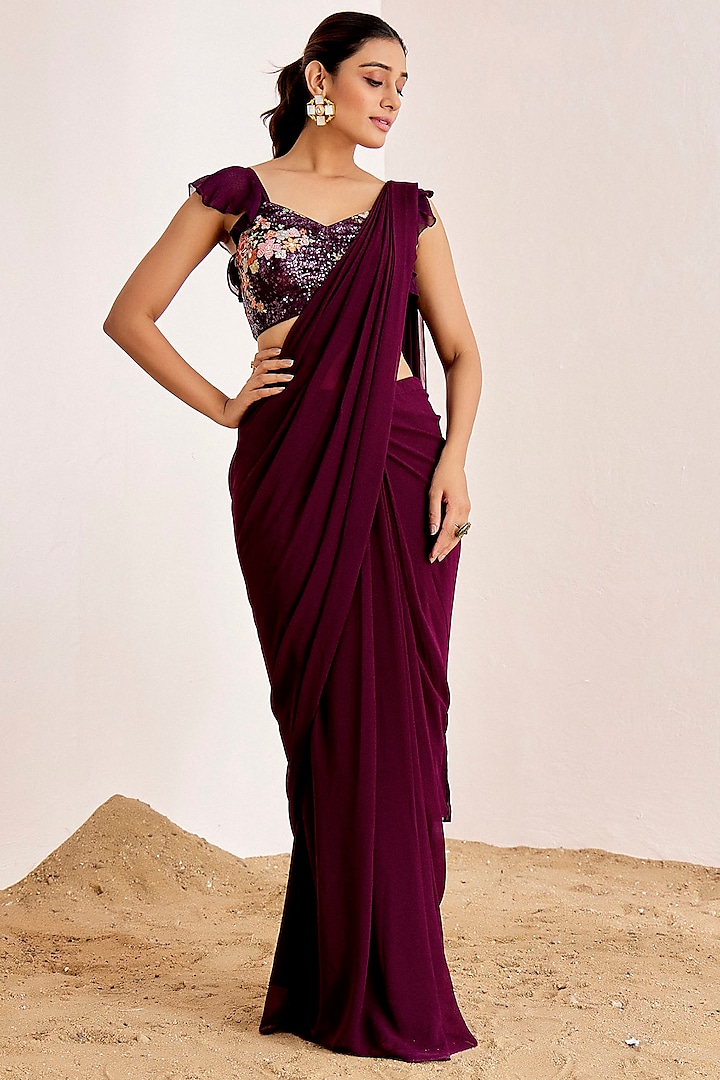 Wine Georgette Pre-Draped Saree Set by Suruchi Parakh at Pernia's Pop Up Shop