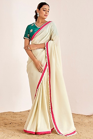 Off-White Shimmer Georgette Silk Saree Set by Suruchi Parakh