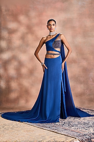 Nautical Blue Mori Silk Embellished Gown by Supria Munjal