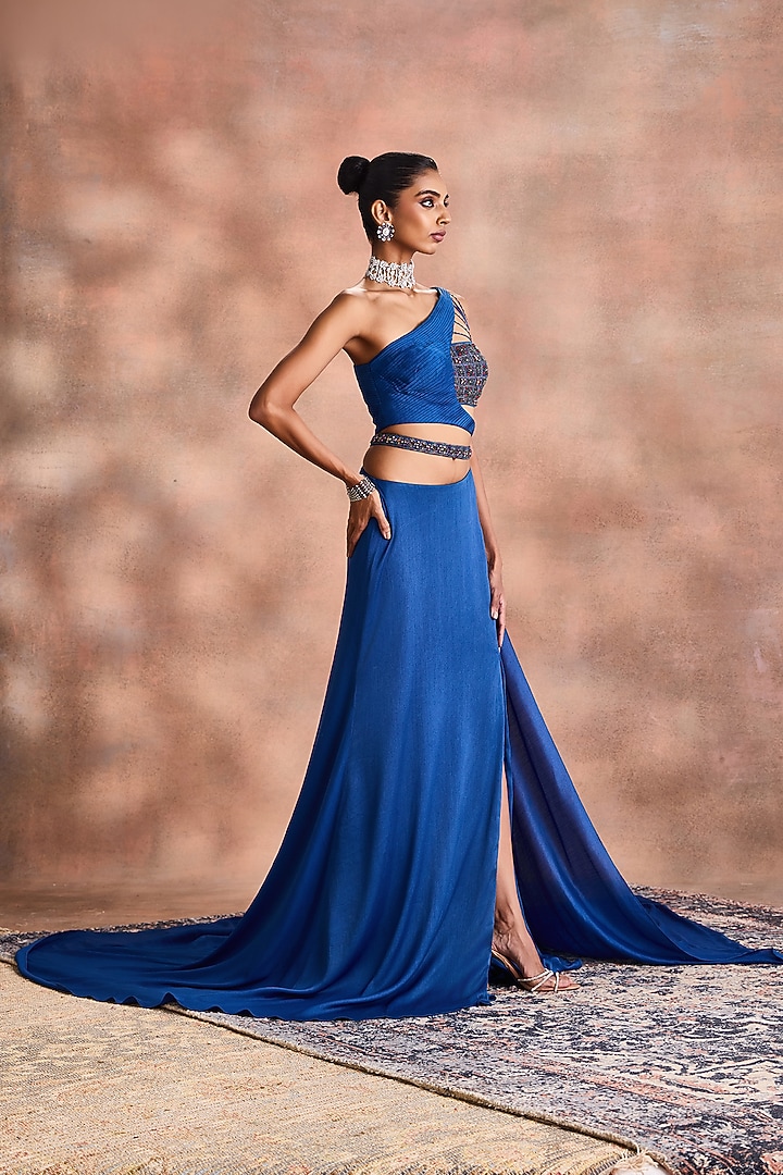 Nautical Blue Mori Silk Embellished Wedding Gown by Supria Munjal at Pernia's Pop Up Shop