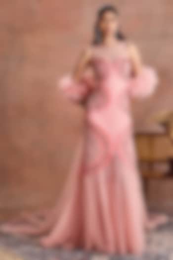 Pearl Blush Dotted Net Embroidered Wedding Gown by Supria Munjal at Pernia's Pop Up Shop