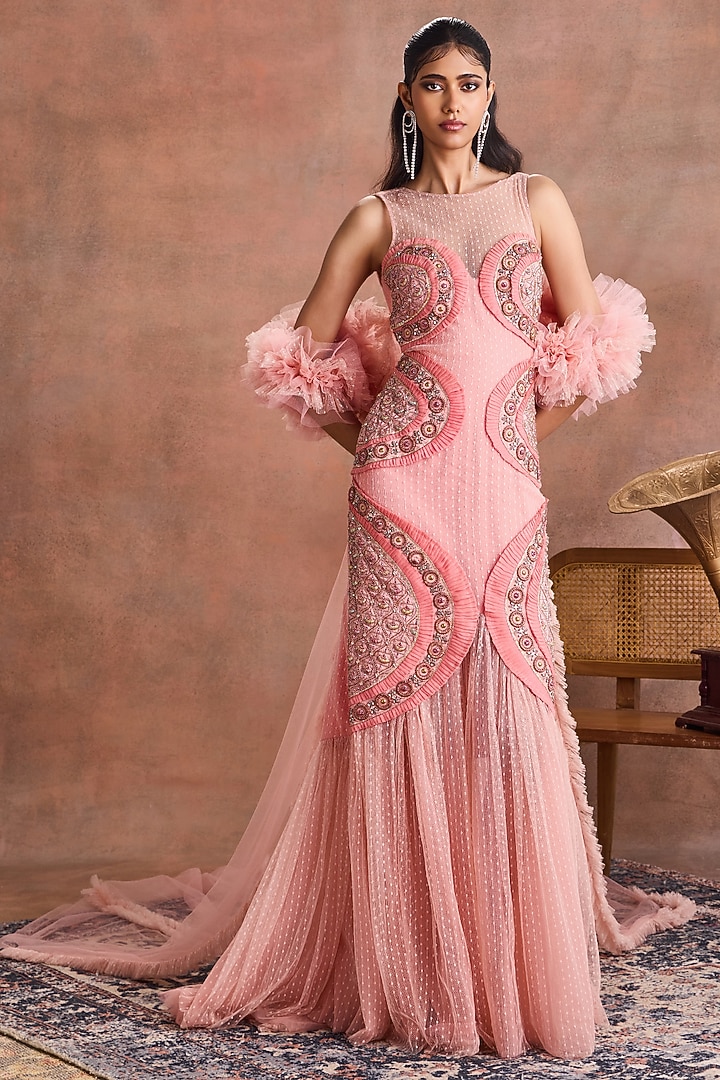 Pearl Blush Dotted Net Embroidered Wedding Gown by Supria Munjal at Pernia's Pop Up Shop