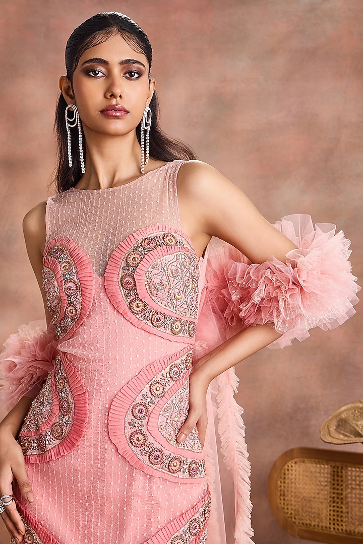 Pearl Blush Dotted Net Embroidered Wedding Gown by Supria Munjal at Pernia's Pop Up Shop