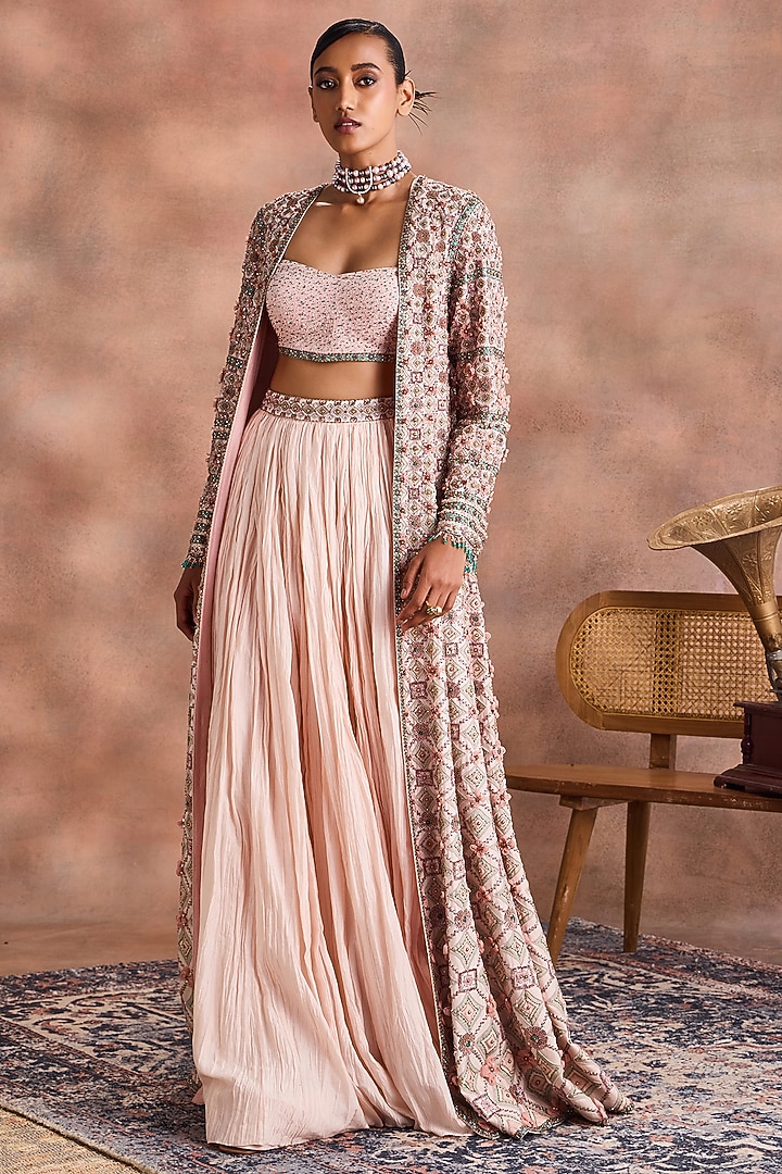 Peach Chanderi Silk Embellished Jacket Set by Supria Munjal at Pernia's Pop Up Shop