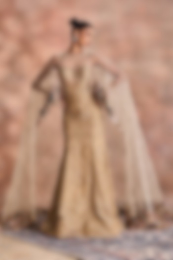 Sand Gold Tissue Chanderi Embellished Cape Bridal Gown by Supria Munjal at Pernia's Pop Up Shop
