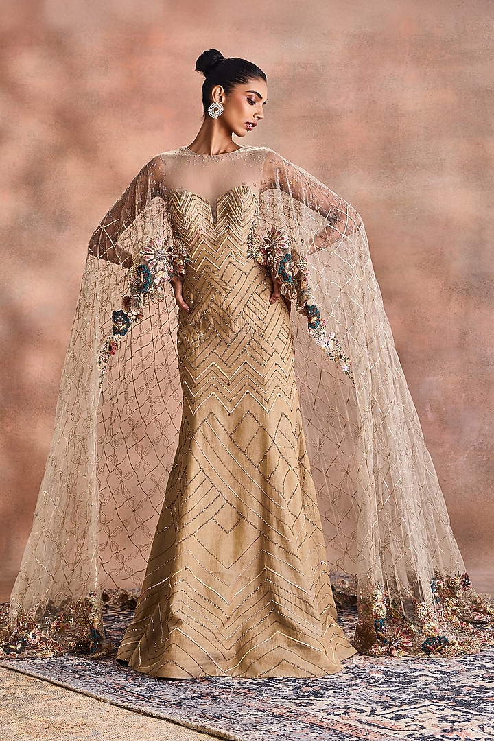 Sand Gold Tissue Chanderi Embellished Cape Bridal Gown by Supria Munjal at Pernia's Pop Up Shop
