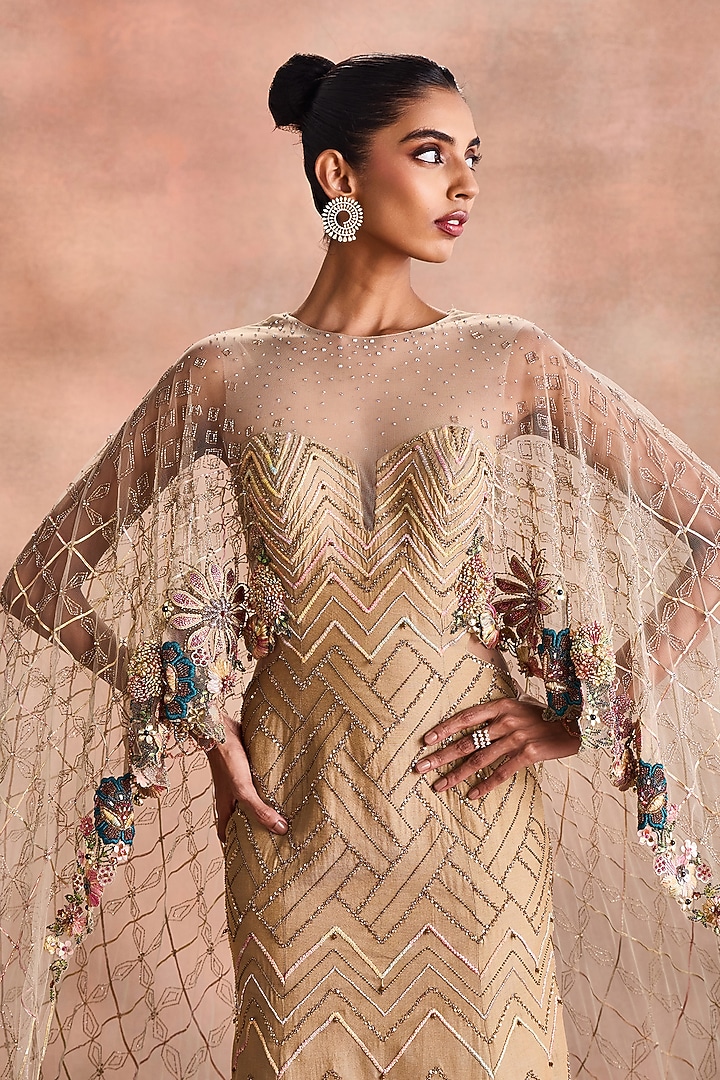 Sand Gold Tissue Chanderi Embellished Cape Bridal Gown by Supria Munjal at Pernia's Pop Up Shop